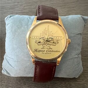 Disney Mickey Gold 50th Anniversary Watch with Brown Leather Strap